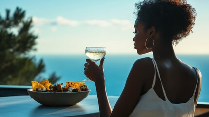 Woman with drink and nachos overlooking the ocean