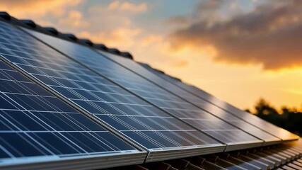 Close-up of solar panels capturing sunlight during a sunset, renewable energy and sustainability