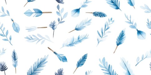 A seamless watercolor illustration of blue boho arrows with a rustic tribal design, set against a white background. 