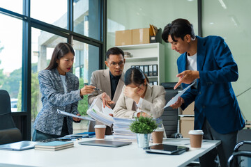 Fototapeta premium Stressed business person in a demanding career struggles with emotional burnout, overwhelmed by tasks and deadlines. exhausted and frustrated, seeking moment of relief amid her challenging workload.