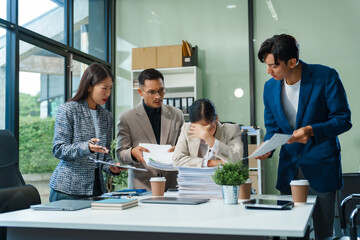 Stressed business person in a demanding career struggles with emotional burnout, overwhelmed by tasks and deadlines. exhausted and frustrated, seeking moment of relief amid her challenging workload.