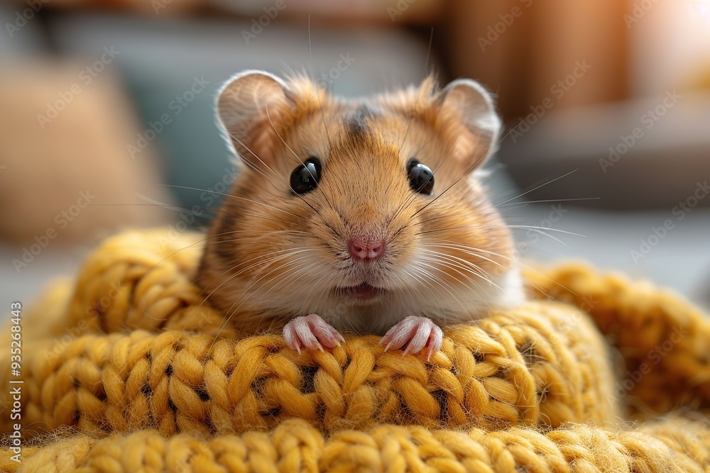 Sticker Cute hamster in a yellow knitted blanket