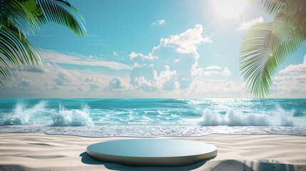 4. 3D-rendered beach scene with a sleek podium on a sunlit shore, waves gently rolling in, and palm leaves providing a tropical touch against a vivid blue sky