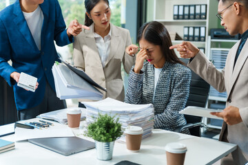 Stressed business person in a demanding career struggles with emotional burnout, overwhelmed by tasks and deadlines. exhausted and frustrated, seeking moment of relief amid her challenging workload.