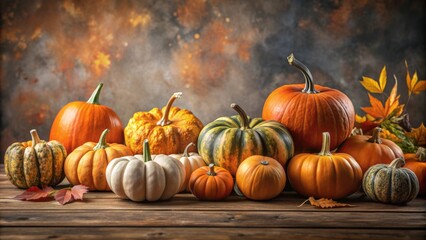 Collection of pumpkins showcased on a table for autumn decor, pumpkins, table, autumn, harvest, decoration, fall, seasonal