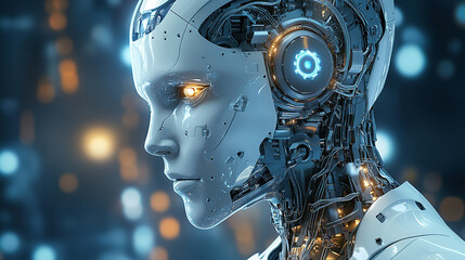 Fototapeta premium 3D rendering of the head of an AI robot with glowing eyes and intricate circuitry visible in the background