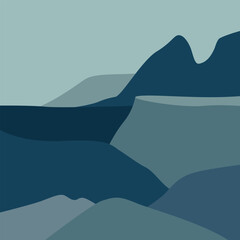 A minimalist, abstract landscape illustration in a contemporary art style, hand-drawn with nature scenery in blue tones