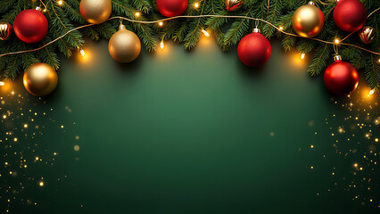 Square banner with gold and red Christmas symbols, tree, balls, golden on green background.