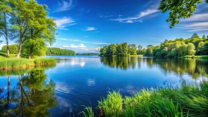 Landscape featuring a serene lake surrounded by lush greenery under a clear blue sky, scenic, nature, tranquil, serene