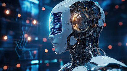 3D rendering of the head of an AI robot with glowing eyes and intricate circuitry visible in the background