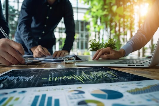  A business team reviews their scaling strategy with growth charts and expansion plans on a large screen