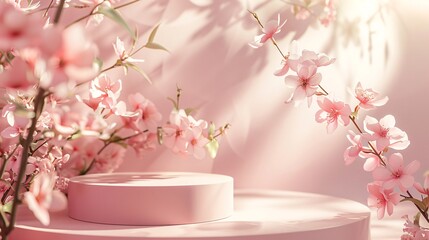 2. A 3D-rendered podium with a sleek, minimalistic design, set against a background of pink and white flowers in full bloom. The scene features subtle shadows and a soft, sunlit glow, making it ideal