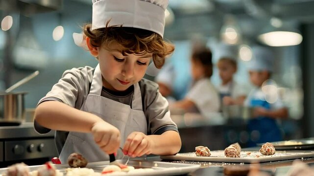 Happy children wearing chef hats and aprons enjoy baking together