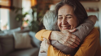 Fototapeta premium In a bright and welcoming home, a woman lovingly hugs her senior mother, showcasing their deep bond and affection for each other during a heartfelt moment