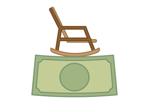 Mecedora de madera con billete verde representando jubilación