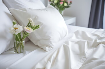 Fototapeta premium A bedroom with a white bed covered, generative ai