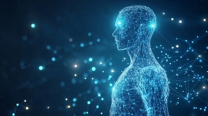 Wireframe mesh of a human body in virtual reality, scanned for medical blueprint 3D modeling
