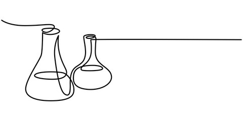 Chemistry retorts equipment with molecules concept continuous line drawing, Laboratory Beaker Flat Line Icon with Editable Stroke.