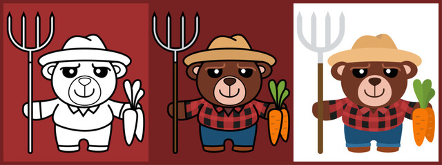 Bear Farmer cartoon character set outline coloring flat vector illustration