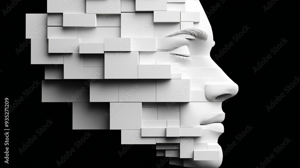 Aufkleber a white face made of blocks is shown in black. the face is made of many small blocks, and it is a ve