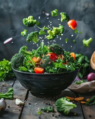 Delicious and healthy broccoli salad on rustic background, flying and levitating ingredients