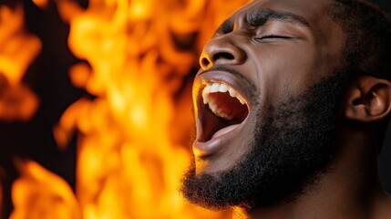 A man is singing into a microphone in front of a fire. The man is smiling and he is enjoying himself. The fire is orange and he is very hot