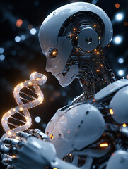 A humanoid robot with an advanced AI chip in its head, holding and looking at the DNA double helix
