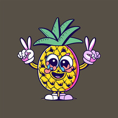  pineapple groovy style cute cartoon character with face, arms and legs, vector illustration