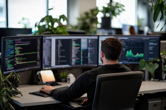 A team works on scaling operations with new technology, with screens showing data and growth charts in the background