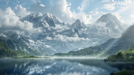 Fototapeta premium A Tranquil Mountain Lake with Fog and Sunlight