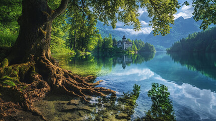 Obraz premium Ancient Tree With Gnarled Roots By Serene Lake And Castle