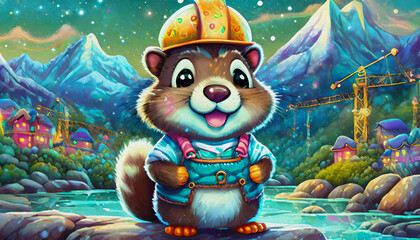 Fototapeta premium oil painting style cartoon character cute A jovial beaver in a construction worker outfit