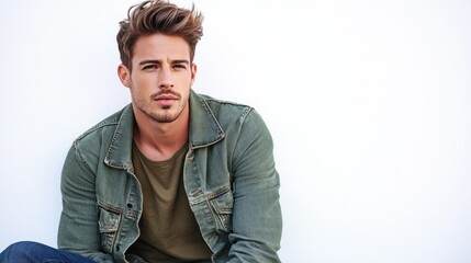 Obraz premium Man in green jacket leaning on white wall