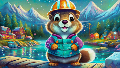 Fototapeta premium oil painting style cartoon character cute A jovial beaver in a construction worker outfit