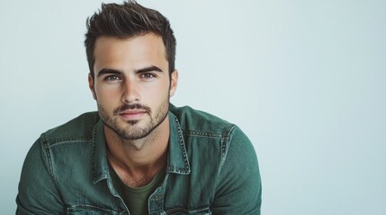 Obraz premium Man in green denim shirt with confident expression shown.