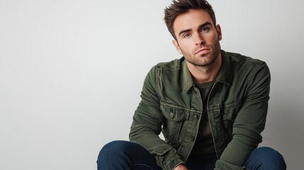 Obraz premium Young man in green jacket with serious expression