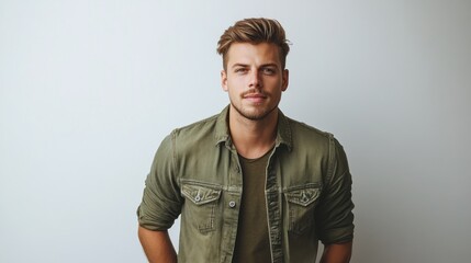 Obraz premium A man in green jacket posing in front of plain wall