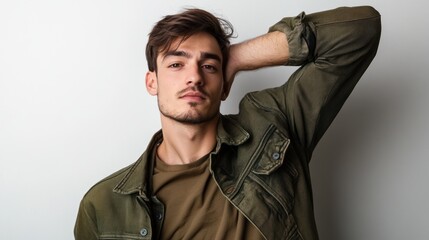 Obraz premium Stylish young man with hand on head in casual outfit.