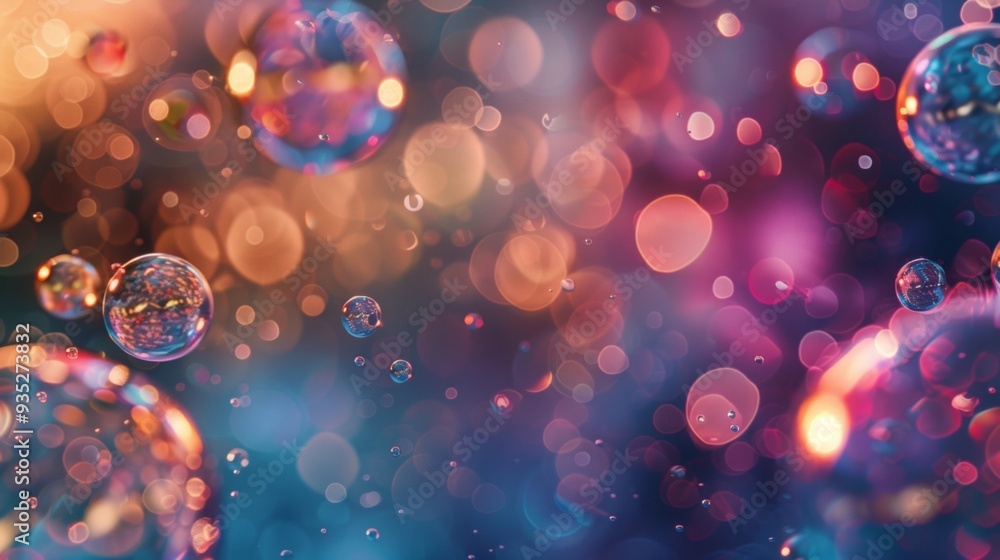 Poster a vibrant abstract scene featuring floating bubbles and soft bokeh lights in various colors, creatin