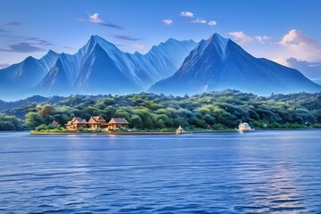 Naklejka premium the beauty of the lake with a panoramic view of the village with a backdrop of snow-capped mountain plateaus