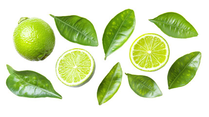 Fresh green lime with slices and vibrant leaves arranged beautifully for a refreshing atmosphere.