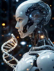 Fototapeta premium A humanoid robot with an advanced AI chip in its head, holding and looking at the DNA double helix