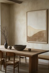 A serene dining room featuring minimalist decor, wooden furniture, and an abstract painting on the wall.