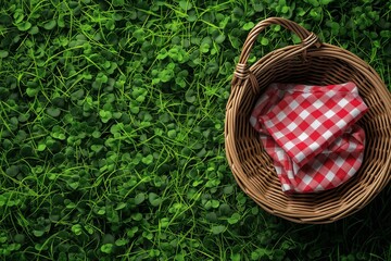 Red and white gingham fabric in a picnic basket on green grass from above