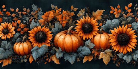 Lovely hand drawn Thanksgiving seamless pattern with pumpkins and sunflowers, great