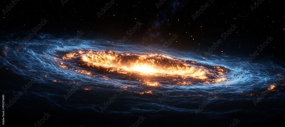 Poster depict black hole surrounded by a field of 3d dark energy with 2d light waves being pulled into the 