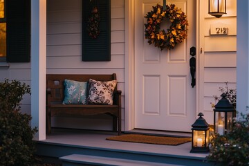 A warmly lit front porch decorated with an autumn wreath, wooden bench with pillows, and lanterns at dusk.
