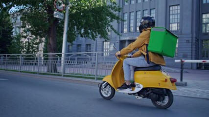 Courier man carry package moped. Guy ride scooter city street deliver box. Green backpack mock up. Fast food delivery service. Person drive bike thermal store bag. Express home order. Rush rider hurry