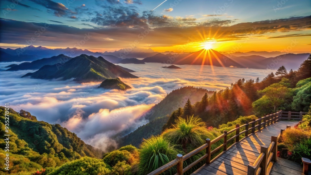 Wall mural breathtaking sunrise vista from alishan mountain, taiwan, alishan, mountain, sunrise, vista, taiwan,