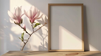 2. Simple wooden picture frame with a white background, positioned on a wooden table and leaning to the wall. A delicate magnolia flower is next to the frame, bathed in gentle light from the left